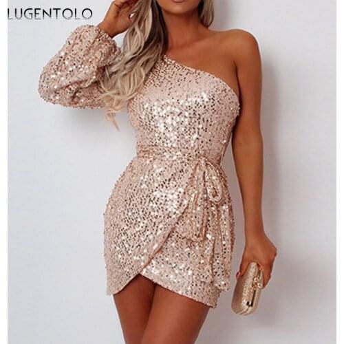 Sexy Party Dress Women Sequins One-shoulder Lace-up Dresses Ladies Oblique Shoulder Mini Pencil DressLugentolo