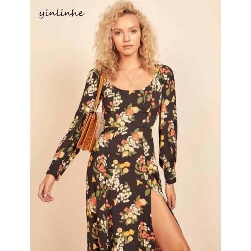 Yinlinhe Black Floral Long Women Dress Party Wear High Split Vintage Autumn Spring Dress Long Sleeve French Style Dresses 1952