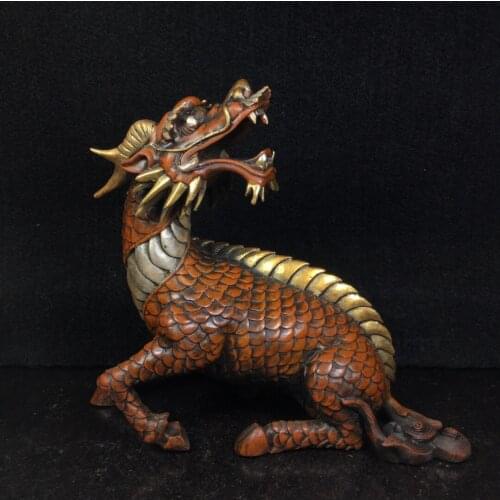 8" Tibet Buddhism Old Bronze Gilt Real gold silver Chinese dragon Turn head beast statue Ward off evil spirits Town House