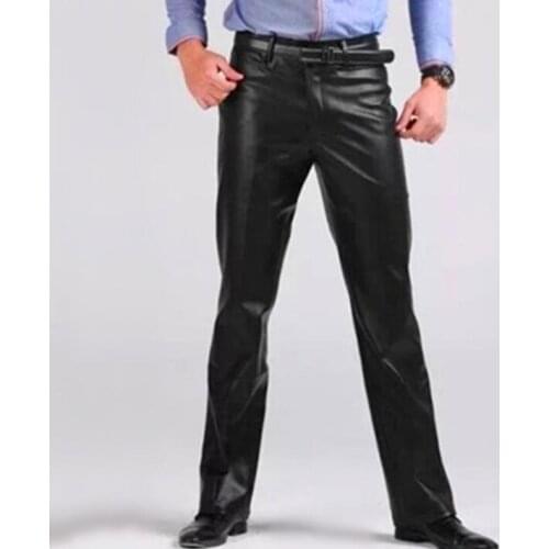 Fashion motorcycle faux leather pants mens feet pants Plus velvet Straight pu trousers for men thicken warm and windproof black