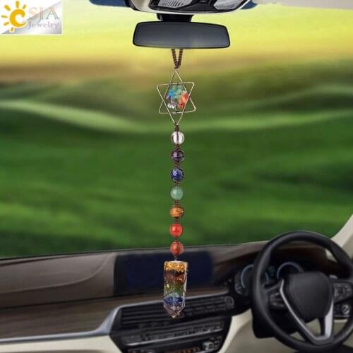 CSJA 7 Chakra Car Hanging Accessories for Mirror Hexagram Tree of Life Chip Crystal Beads Door Window Ornaments Feng Shui G707