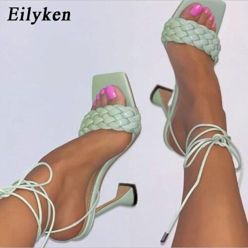 Eilyken 2021 New Design Weave Sandals Spike Heels Women High Heels Square Open Toe Ankle Strap Summer Ladies Elegant Dress Shoes