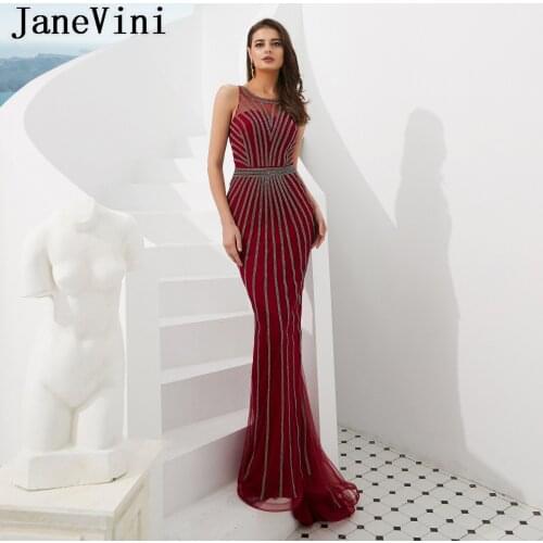 JaneVini 2019 New Arrival Long Burgundy Prom Dresses Luxury Full Beaded Sleeveless Tulle Mermaid Evening Party Gowns Gala Jurken