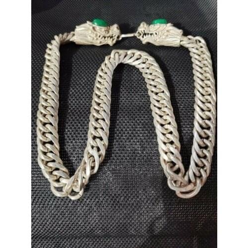 Chinese Fashion Women Men Old Tibetan Silver Carving Chain Inlaid with Jade Necklace