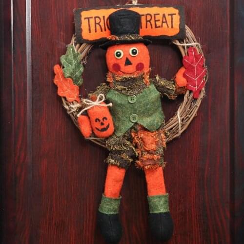Halloween ornaments rattan circle wreath door hanging ornaments door and window decoration cute plush doll holiday decoration