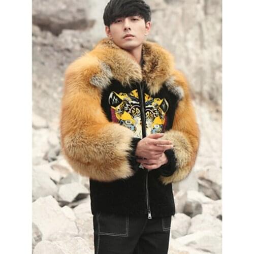Mens Sheepskin Shearling Jacket Fox Fur Coat Hooded Mens Leather Jacket Embroidery Winter Coats