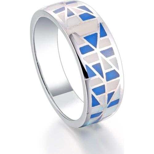 New Arrival geometry Enamel Ring Blue-color 7.5mm Width Big Rings for Women Man 925 Sterling Silver Jewelry Mother gift