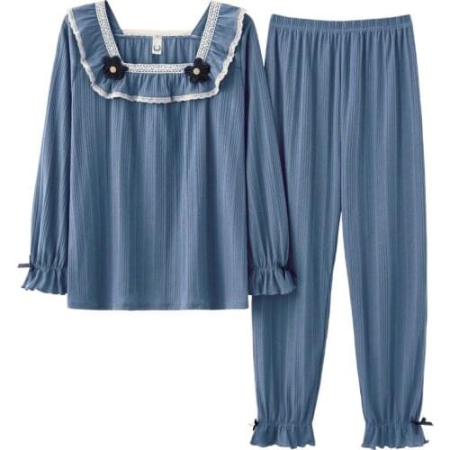Autumn Full Cotton Pajamas Women Square Collar Princess Style Sleepwear Cute Female Pajama Set Pijamas Girl Pyjamas Home Clothes