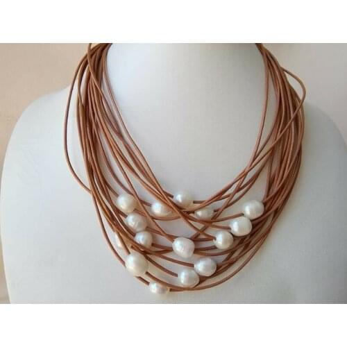 15 strands white freshwater pearl necklace leather 17-20" magnet clasp