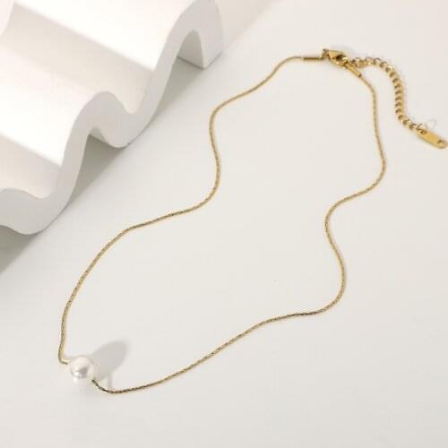 Korean Simple 14K Stainless Steel Pearl Necklace Gold Chain Jewelry Single Pearl Pendant Necklace For Women