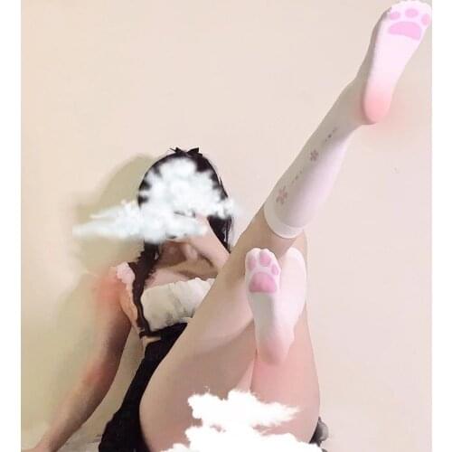 Lolita Sexy Cat Foot Pattern Breathable Thigh High Comfortable Over Knee Stocking Pantyhose White Soft Velvet Tights Stockings