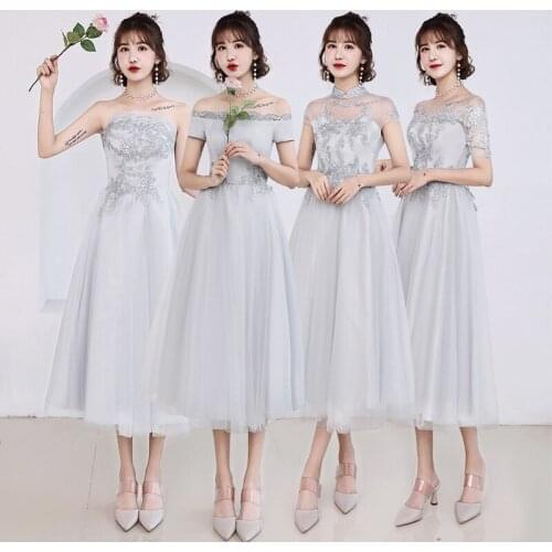 Bridesmaids Dresses Illusion Strapless Lace Embroidery Tulle Knee-Length A-Line Sleeveless Luxury Women Wedding Party Gown E321