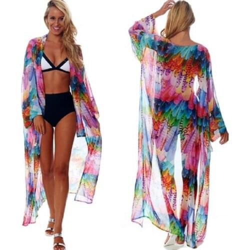Beach Cover up Tunics for Beach Print Chiffon Long Kaftan Bikini Cover up Robe de Plage Sarong Beach Wrap Swimsuit coverup