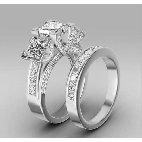 Size 6/7/8/9 Vintage Three stones Jewelry 925 sterling silver filled White Clear AAA CZ Zirconia Wedding Women Bridal Ring set