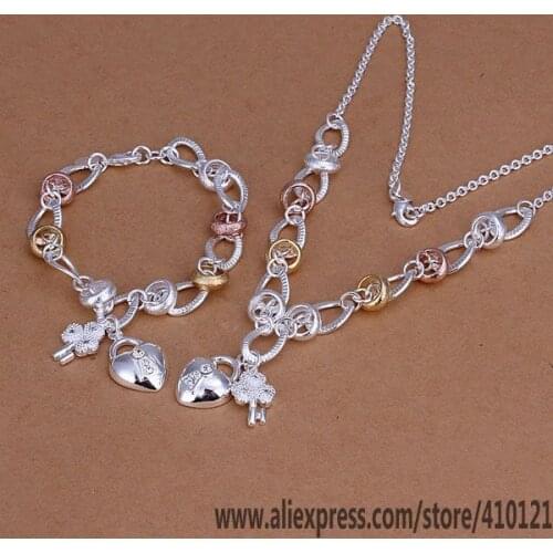 S010 Lucky Charm Silver Color Jewelry Sets For Women Jewelry Lady Accessories Fashion Heart Lock And Flower Key /czvalrca