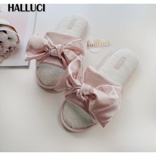 Summer sweet ice satins silk sexy slippers shoes for woman Cute bow pink flip-flops Bedroom non-slip women shoes slippers