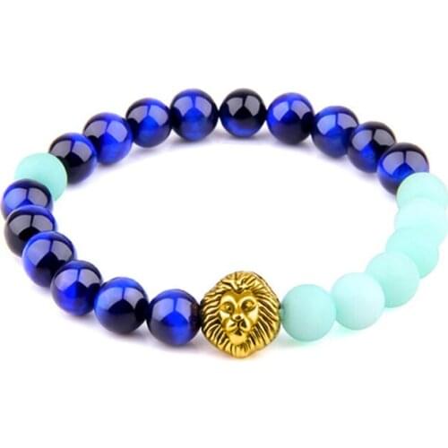 Light Yellow Gold Color Lion Connect Blue Tiger Eye Stone Round Beads Elastic Bracelet for Cool Men Jewelry