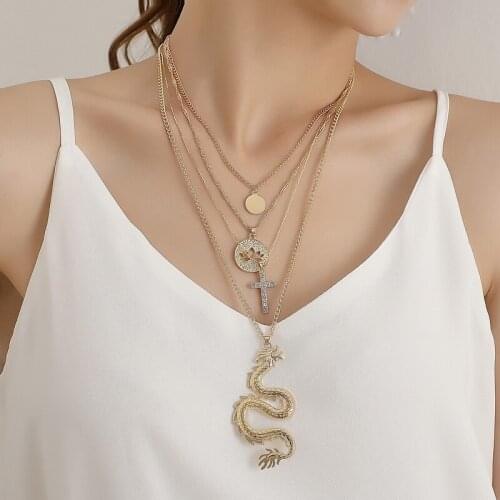 Vintage Exaggerated Rhinestone Cross Lotus Dragon Pendant Necklace for Women Punk Multilayer Statement Necklaces Party Jewelry