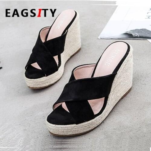EAGSITY Women wedges sandals summer 2019 slipper slides outdoor espadrilles casual platform beach sandals weave hemp rope