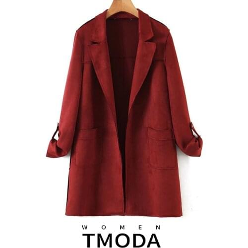 TMODA2063 2021 Autumn Spring Women Long Faux Leather Suede Trench Jacket Ladies Fall Korean Khaki Red Faux Suede Coat Female