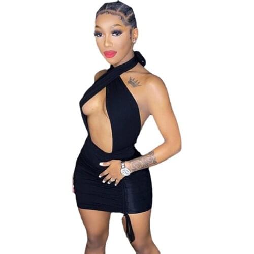 Ruched Drawstring Bandage Women Mini Dress Strench Summer Sexy Club Outwear Backless Night Party Skinny Dresses 2021