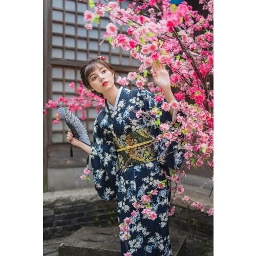 Womens Yukata Traditional Japan Kimono Robe Photography Dress Cosplay Costume blue Color flowers Prints Vintage Clothin