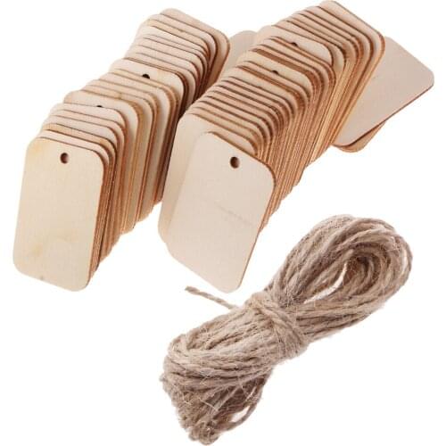 100 Pieces Natural Unfinished Blank Wood Shapes Tags Rectangle with Holes and String DIY Wooden Pendants Hanging Craft Decor