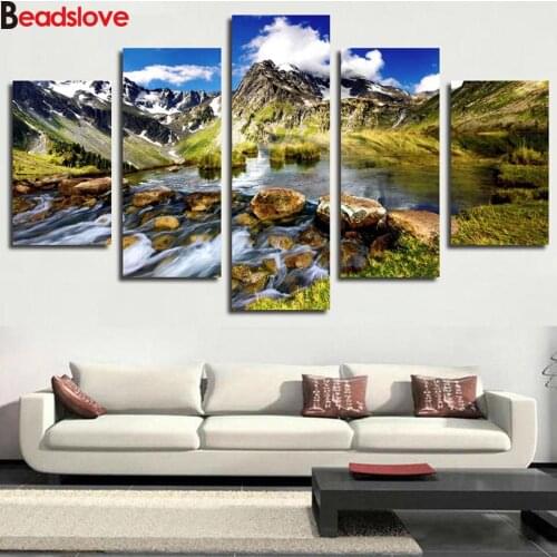 5 Panel Mountain Small Streams Landscape diamond painting full square round 3d picture of rhinestones diamond embroidery display