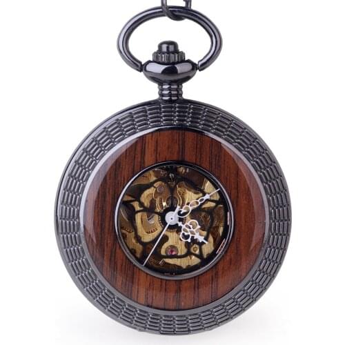 5pcs/lot Antique Wooden Bronze Analog Mechanical Pocket Watch Roman Number Dial Pendant Chain Men Womens Gift