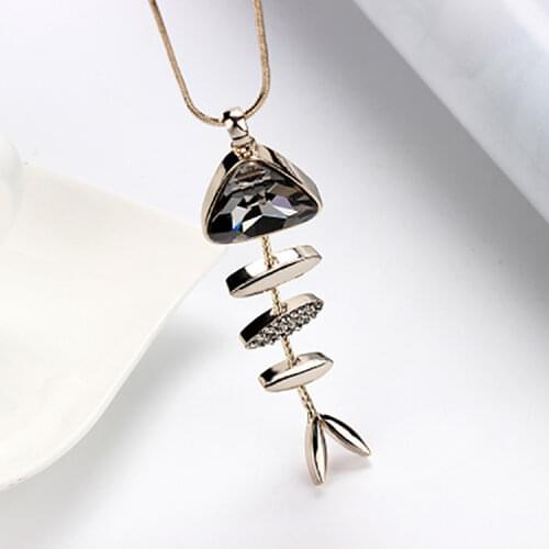 Korean Fish Bone Necklace For Women Crystal Geometric Sweater Chain Necklaces Trendy Jewelry Accessories