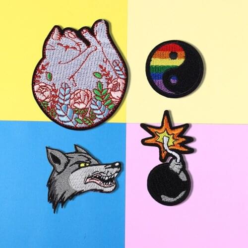 Cartoon Rainbow Tai Chi Embroidery Appliques Rose cat wolf Patches for Clothing Accessories Bag T-shirt Decor bomb Badges