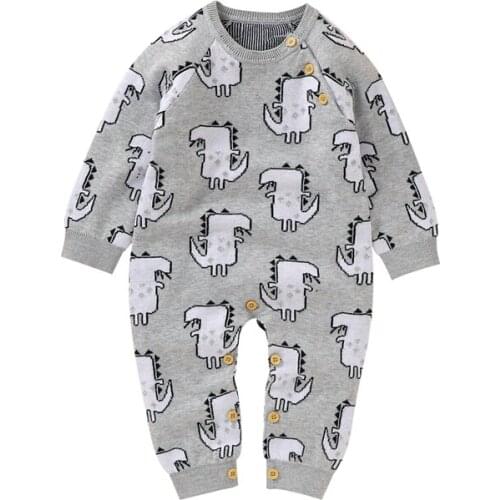 Baby’s Casual Long Sleeve Knitted Jumpsuit Cartoon Dinosaur Jacquard Button Round Neck Long Romper Autumn Clothes