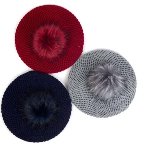 Double Layer Thicken Winter Warm Knitted Hats For Women Ladies Artist Berets With Faux Fur Pom Pom Fashion Female Casual Caps