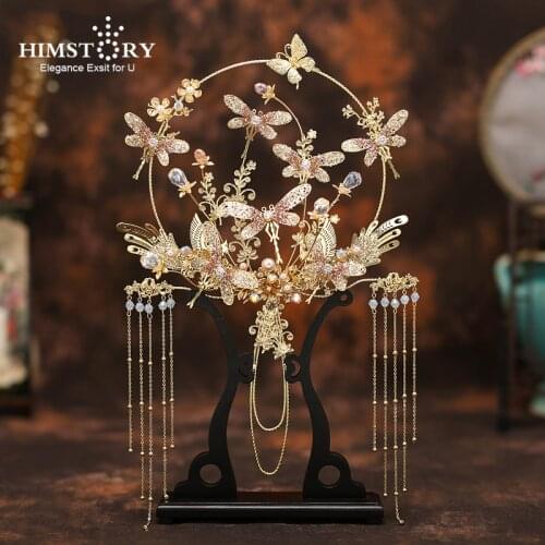 HIMSTORY Ancient Wedding Bridal Fan Artificial Chinese Style Bride Bouquet Flowers Hollow Gold Draggonfly Tassel Wedding Fan