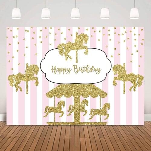 Carousel Carnival Girl Happy Birthday Party Backdrop Decoration Golden Unicorn Birthday Banner Background Stripes Photocall Prop