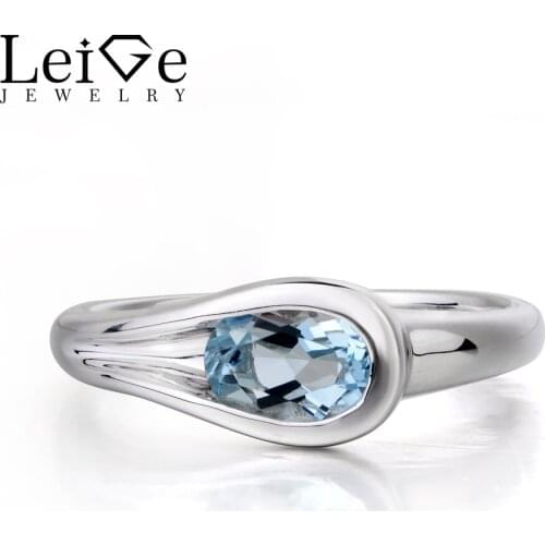 Leige Jewelry Anniversary Ring Natural Aquamarine Ring Blue Gems Ring Solid 925 Sterling Silver March Birthstone Fine Jewelry
