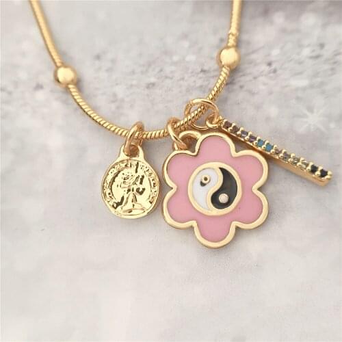 Pretty Pink Flower Black White Yinyang Enamel Coin Colorful Charm Delicate Necklace For Women Girl Birthday Gift Cute Lovely