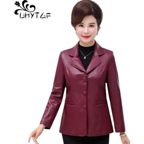 UHYTGF Autumn winter leather jacket women Mid-length female short 6XL plus size coat quality leather jacket veste cuir femme 322