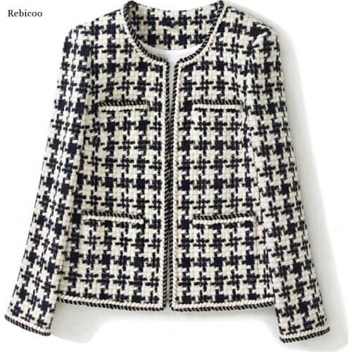 Plaid Tweed Jackets Women O-Neck Long Sleeve Office Lady Wool Coats Autumn Winter Outwear Vintage Korean Elegant Plus Size