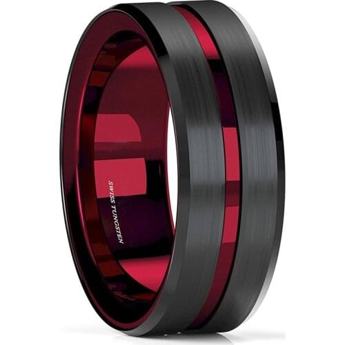 FDLK 8mm Black Carbide Stainless Steel Thin Red Line Wedding Band Ring Mens Jewelry
