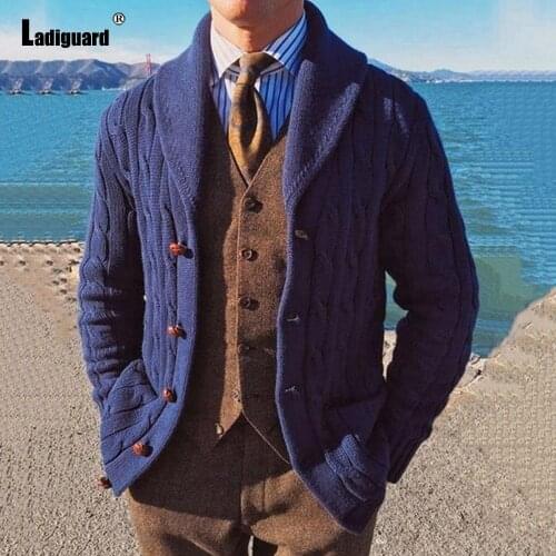Plus Size 4xl Men Knitted Sweater Winter Warm Coats Dark Blue Male Sweaters 2021 Single Breasted Top Cardigan Mens Streetwear