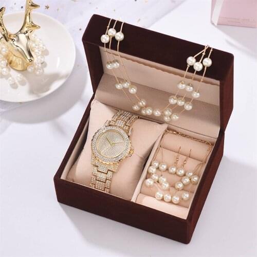 New 2021 Luxury Women Watches Set Gift Box Pearl Bracelet Earrings Necklace Diamond Rhinestone Quartz Watch Best Gifts For Women