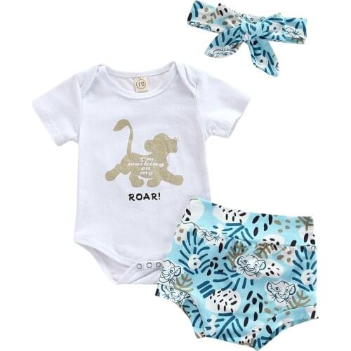 New Infant Short Sleeve Romper + Shorts + Bow Headband, Tiger Print Bottom Button Summer Clothing