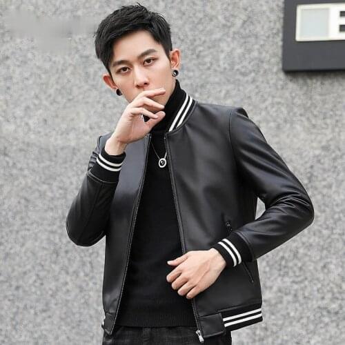 Genuine Leather Clothes Mens Short Sheepskin Baseball Uniform Fashion Leather Jacket Coat