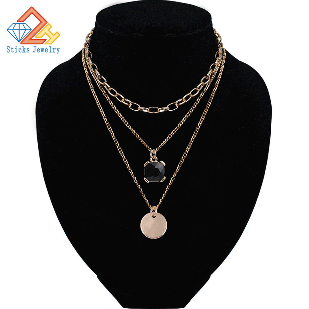 Triple Layered Chain Choker Necklace for Women Black glass / round alloy fittings Necklaces Wholesale