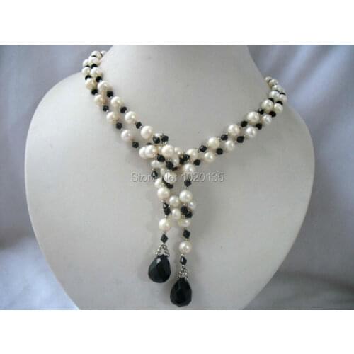 Freshwater pearl white near round and black quartz necklace 52" nature long wholesale bead gift FPPJ