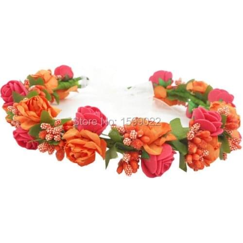 Adjustable Flower Girl Crown Headband for Wedding Rustic Bridesmaid Headpiece Orange Red Cute Floral Head Wreath Hair Accessory
