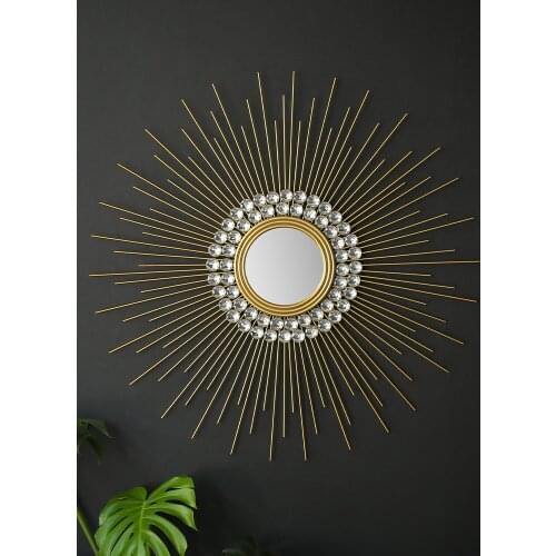 Nordic Wrought Iron Diamond Sunflower Mirror Wall Sticker Store Porch Wall Mural Crafts Home Livingroom Wall Hanging Decoration