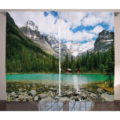 Woodland Landscape Curtains Pond Fir Trees Mountains Satin Fabric Drapes for Living Room Bedroom 2 Panel Window Set
