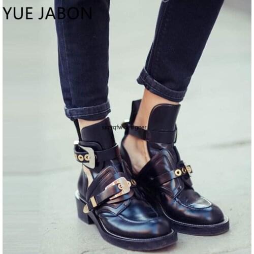 New Women Ankle Boots Womens Rivet Shoes Woman Leather Buckle Strap Casual Shoes Ladies Chunky Heels Female Punk Rome Footwear